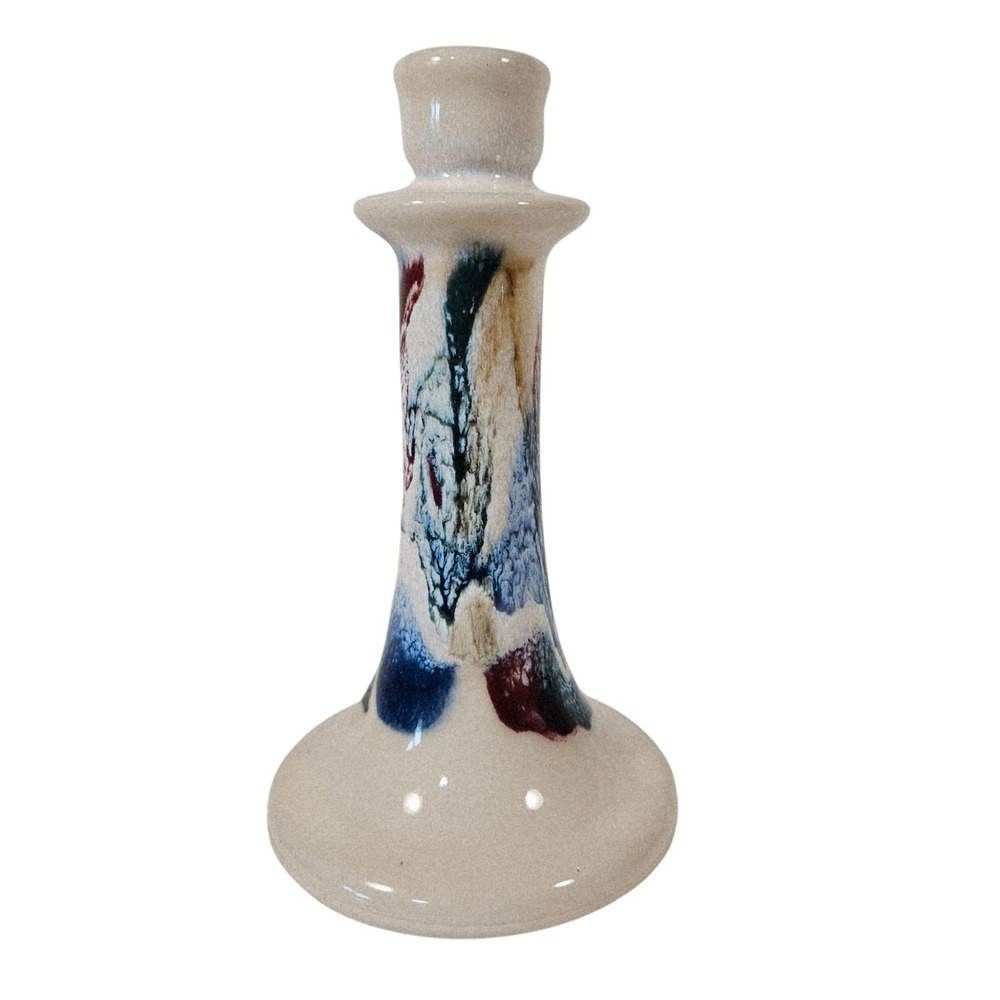 Vtg D.K. Clay Pottery Sanford NC Taper Candlestick Holder Blue Burgundy‎ Glazed
